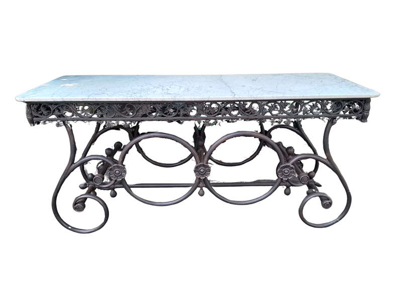 A French Style Wrought Iron and Marble Console Table