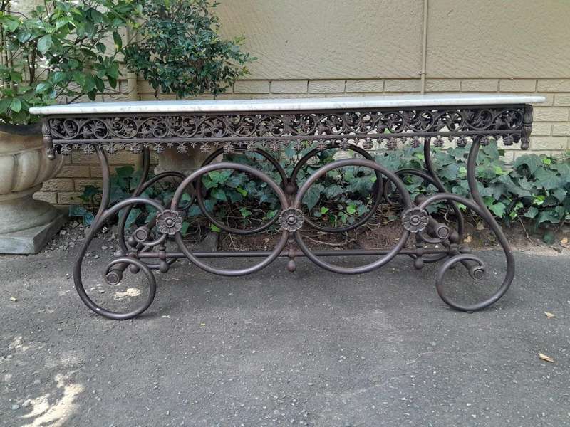 A French Style Wrought Iron and Marble Console Table