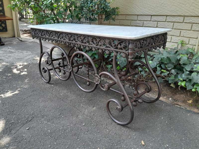 A French Style Wrought Iron and Marble Console Table