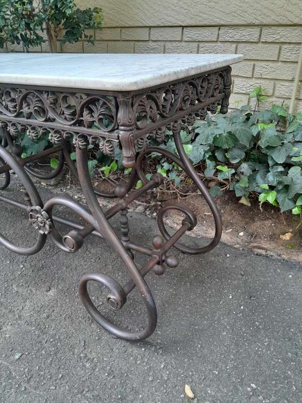 A French Style Wrought Iron and Marble Console Table