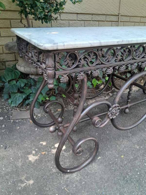 A French Style Wrought Iron and Marble Console Table