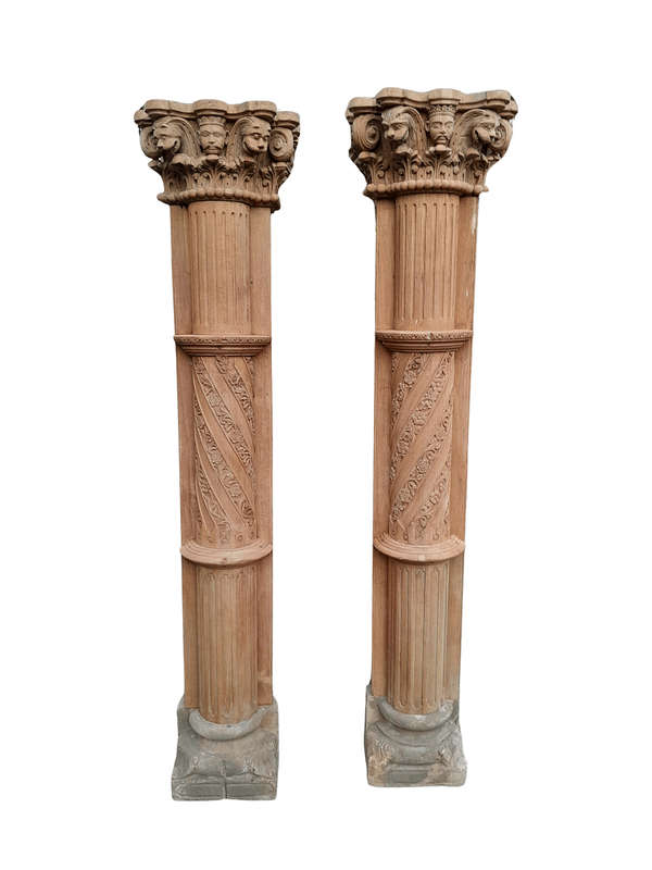 An Antique Original Pair of Architectural Carved Wooden Pillars with Carved Stone Bases