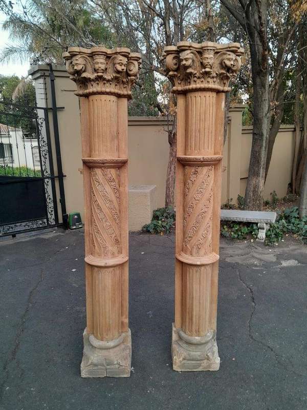 An Antique Original Pair of Architectural Carved Wooden Pillars with Carved Stone Bases