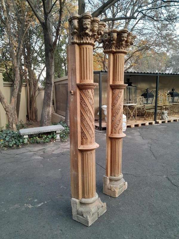 An Antique Original Pair of Architectural Carved Wooden Pillars with Carved Stone Bases