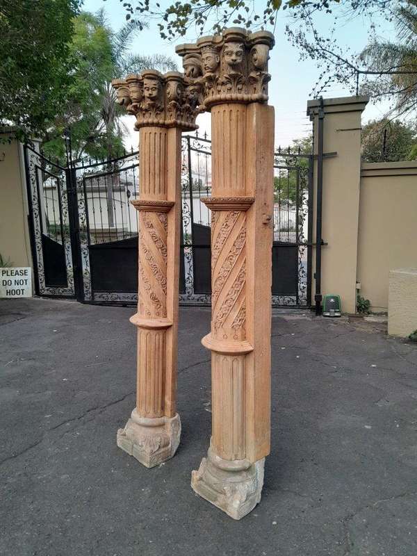 An Antique Original Pair of Architectural Carved Wooden Pillars with Carved Stone Bases