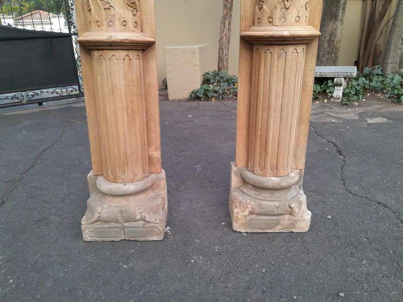 An Antique Original Pair of Architectural Carved Wooden Pillars with Carved Stone Bases