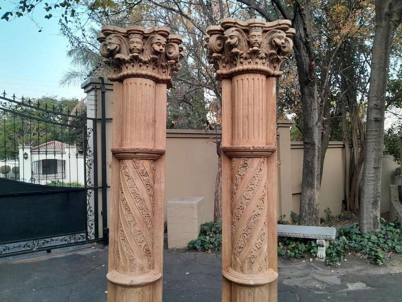 An Antique Original Pair of Architectural Carved Wooden Pillars with Carved Stone Bases