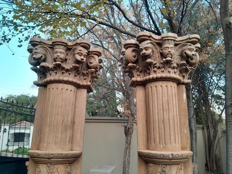 An Antique Original Pair of Architectural Carved Wooden Pillars with Carved Stone Bases