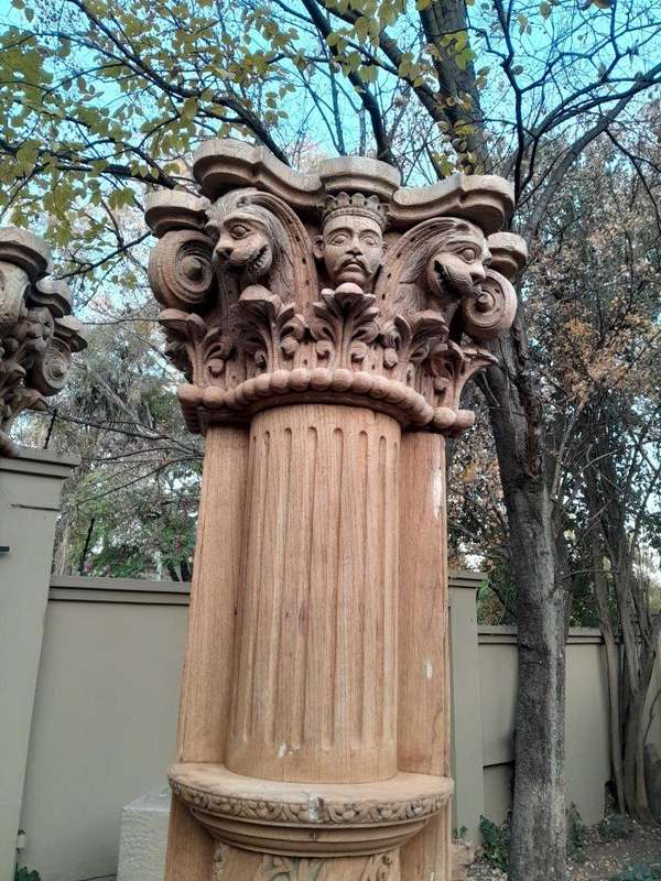 An Antique Original Pair of Architectural Carved Wooden Pillars with Carved Stone Bases