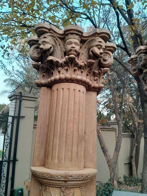 An Antique Original Pair of Architectural Carved Wooden Pillars with Carved Stone Bases