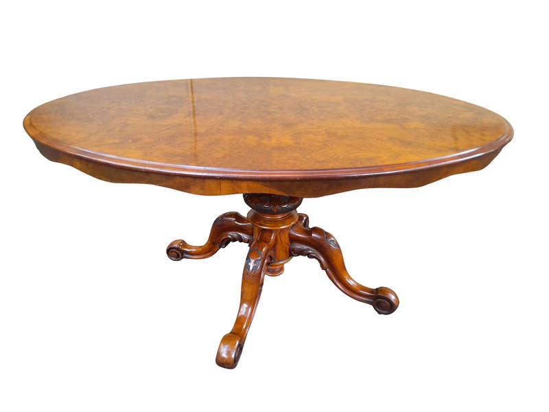 An Antique Victorian Burr Walnut Folding Table with Carved Base