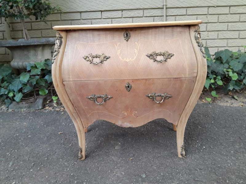 A 20th Century French Style Walnut and Inlaid Bombe Chest of Drawers with Gilt Mounts with Marble...