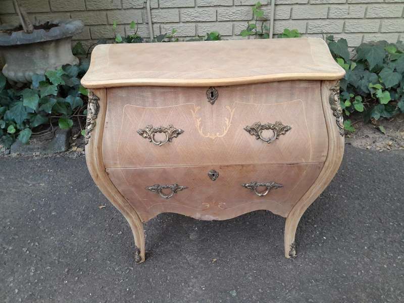 A 20th Century French Style Walnut and Inlaid Bombe Chest of Drawers with Gilt Mounts with Marble...