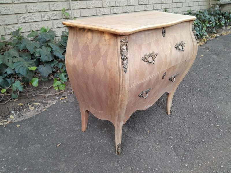 A 20th Century French Style Walnut and Inlaid Bombe Chest of Drawers with Gilt Mounts with Marble...