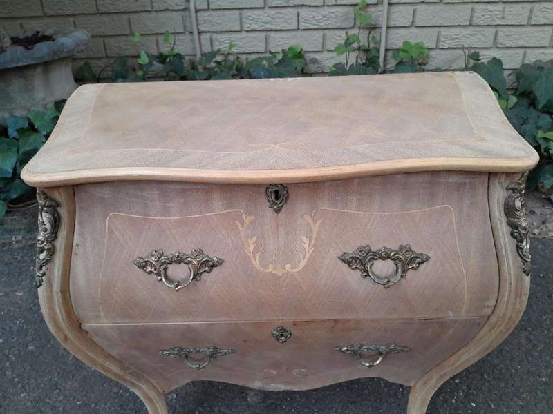 A 20th Century French Style Walnut and Inlaid Bombe Chest of Drawers with Gilt Mounts with Marble...
