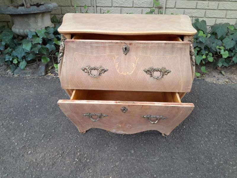 A 20th Century French Style Walnut and Inlaid Bombe Chest of Drawers with Gilt Mounts with Marble...