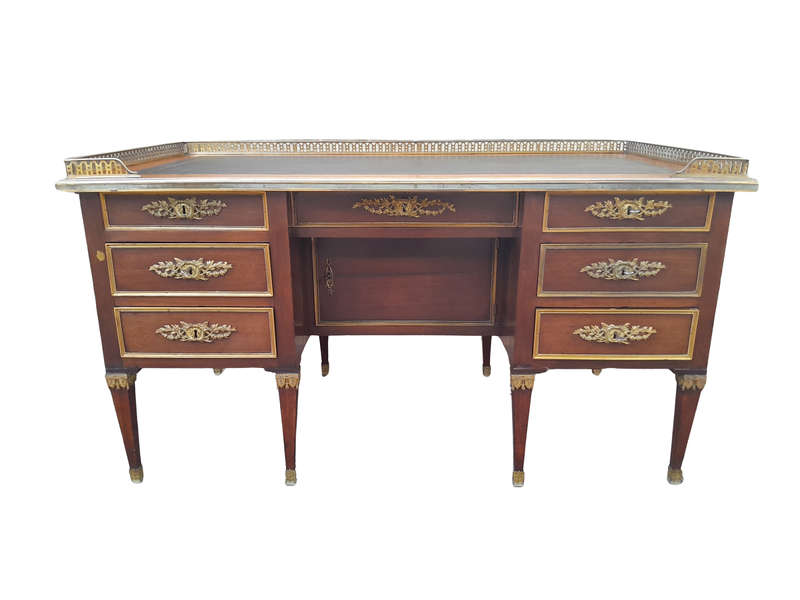 A 20th Century French Empire Style Mahogany Desk with Leather and Gilt Tooling Writing Surface an...