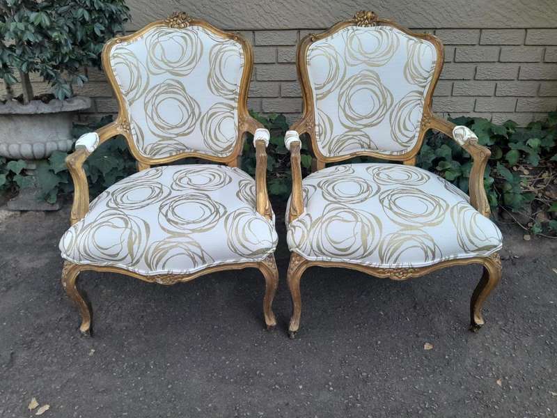 A 19th Century Pair of French Carved and Gilded Wooden Armchairs Upholstered in a Custom Made Fab...