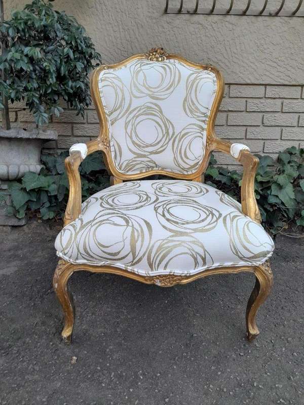 A 19th Century Pair of French Carved and Gilded Wooden Armchairs Upholstered in a Custom Made Fab...