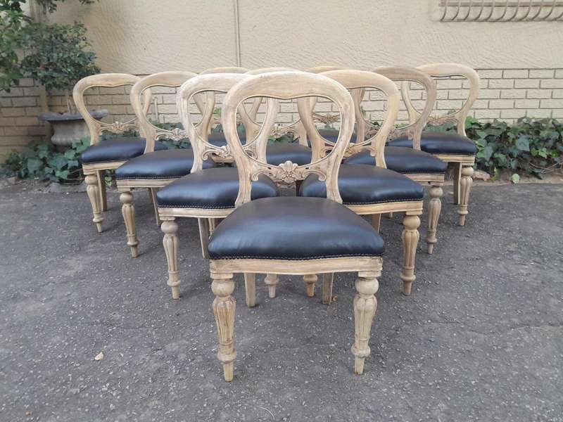 A Victorian Style Set of Ten Dining Chairs in a Contemporary Bleached Finish with Deep Buttoned L...