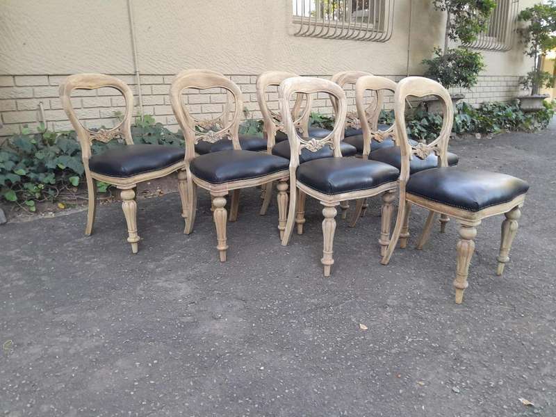 A Victorian Style Set of Ten Dining Chairs in a Contemporary Bleached Finish with Deep Buttoned L...