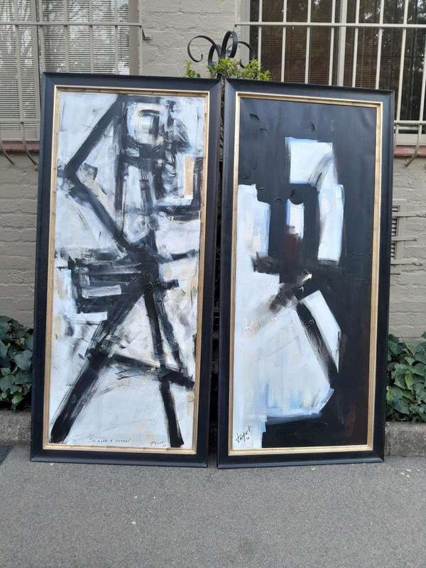 A Pair of Ornately Framed Abstracts Paintings Homage à Picasso Framed in a Handmade Frame