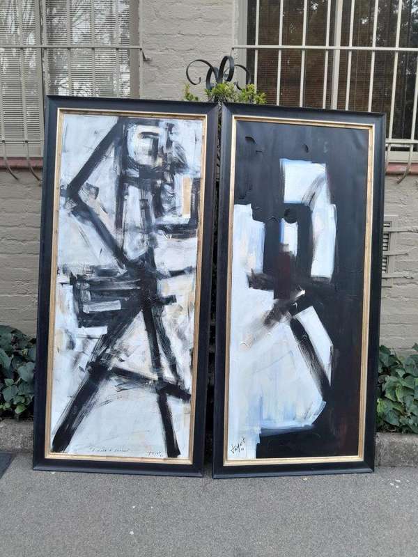 A Pair of Ornately Framed Abstracts Paintings Homage à Picasso Framed in a Handmade Frame
