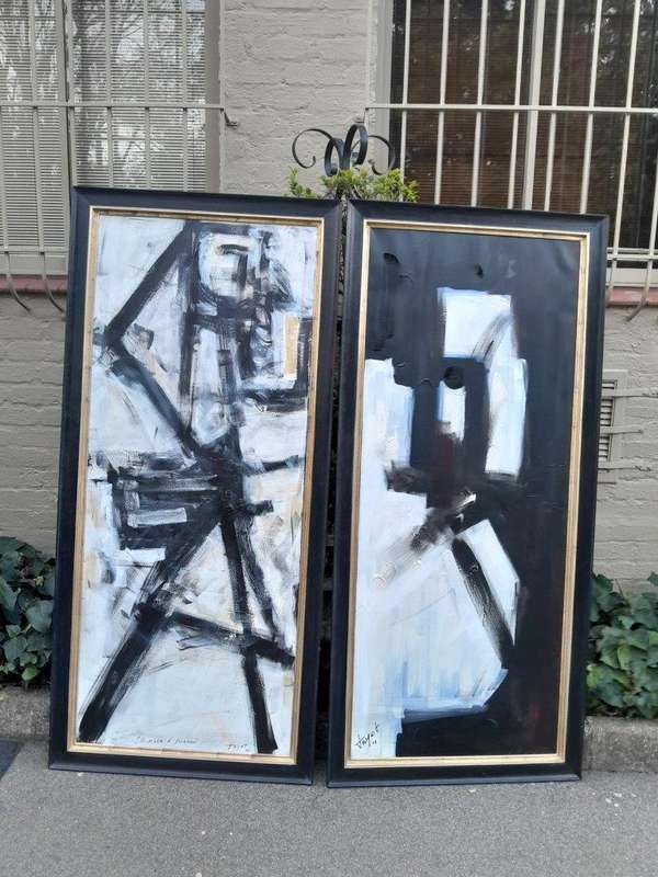 A Pair of Ornately Framed Abstracts Paintings Homage à Picasso Framed in a Handmade Frame