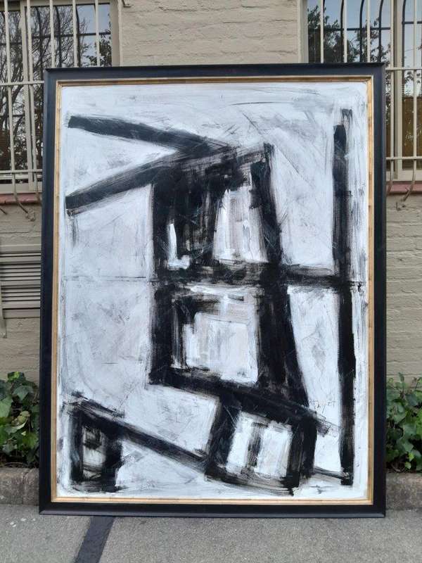 An Ornately Framed Black and White:Abstract Composition Signed of Large Proportions Framed in a H...