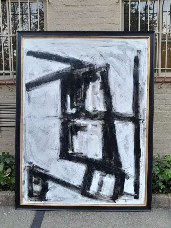 An Ornately Framed Black and White:Abstract Composition Signed of Large Proportions Framed in a H...