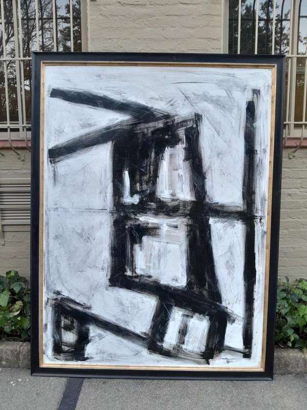 An Ornately Framed Black and White:Abstract Composition Signed of Large Proportions Framed in a H...