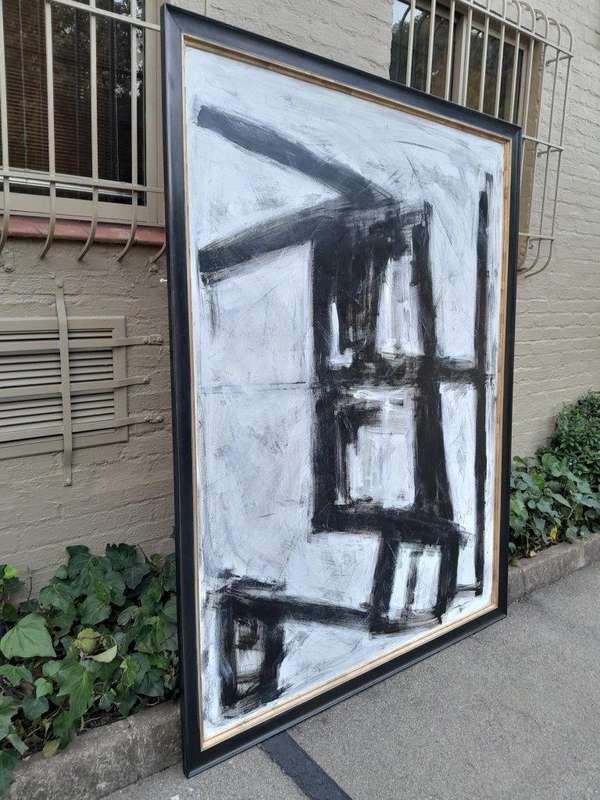 An Ornately Framed Black and White:Abstract Composition Signed of Large Proportions Framed in a H...