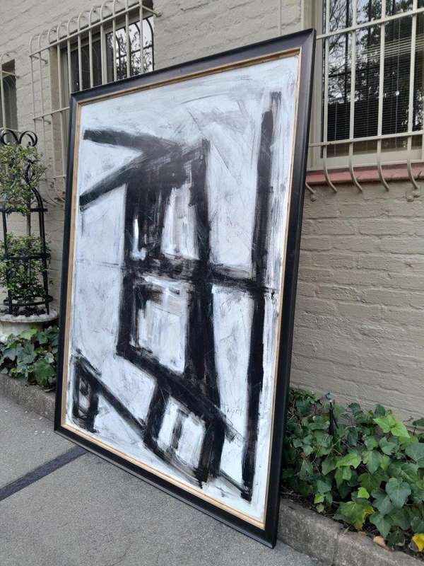 An Ornately Framed Black and White:Abstract Composition Signed of Large Proportions Framed in a H...