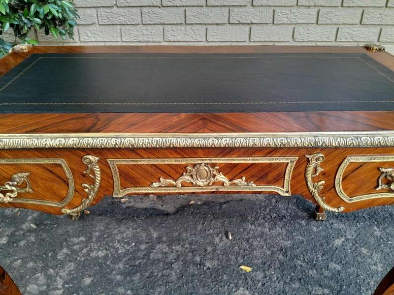 A Middle 20th Century French Louis XVI Style Rosewood Bureau / Plat / Desk With Gilt and Tooled B...