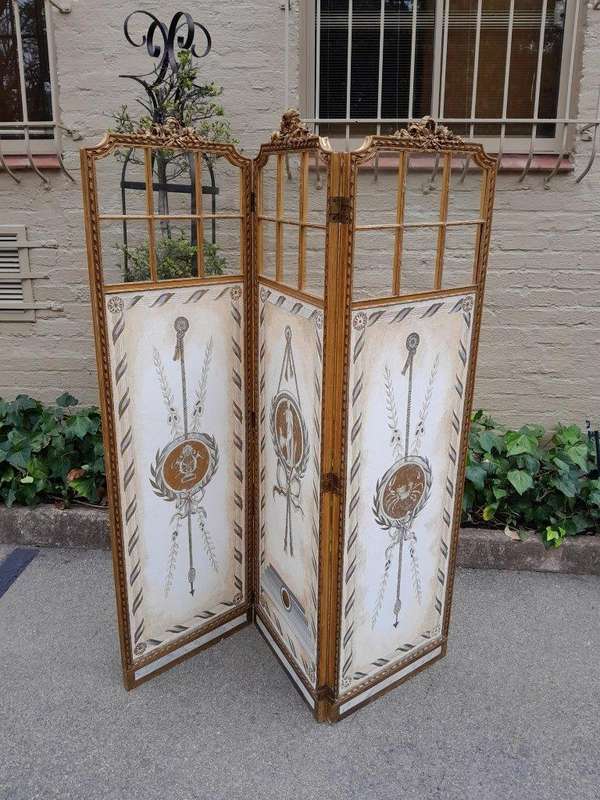 A Late 19th/Early 20TH Century French Carved Wooden Gilt Three Panel Screen With Mirrored Top Panels