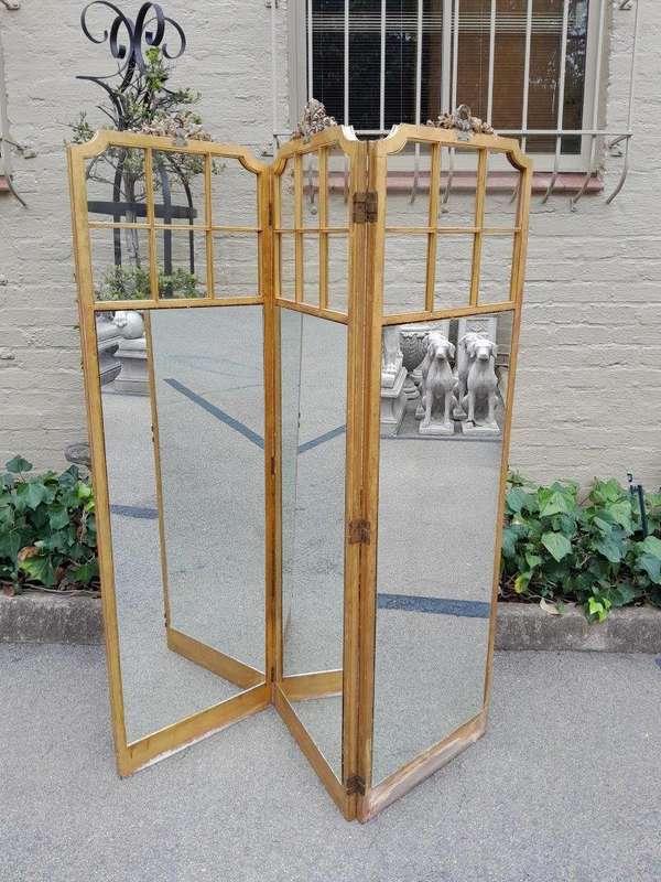 A Late 19th/Early 20TH Century French Carved Wooden Gilt Three Panel Screen With Mirrored Top Panels
