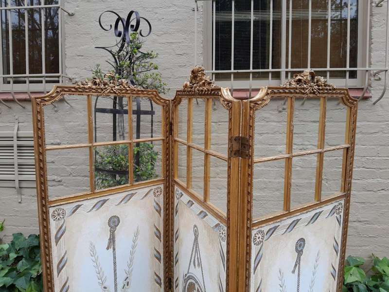 A Late 19th/Early 20TH Century French Carved Wooden Gilt Three Panel Screen With Mirrored Top Panels