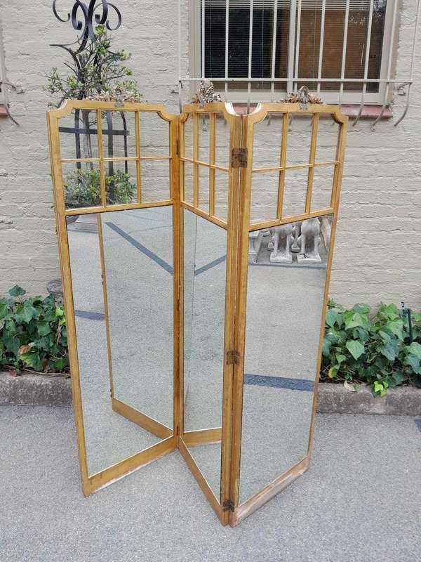 A Late 19th/Early 20TH Century French Carved Wooden Gilt Three Panel Screen With Mirrored Top Panels