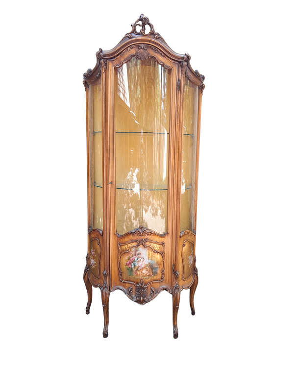 20th Century French Ornately Carved Walnut Vernis Martin Style Vitrine / Display Cabinet with Cur...