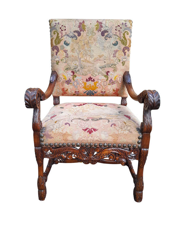 A 19th Century Renaissance Revival Carved Walnut Armchair in  Gobelin Style Tapestry