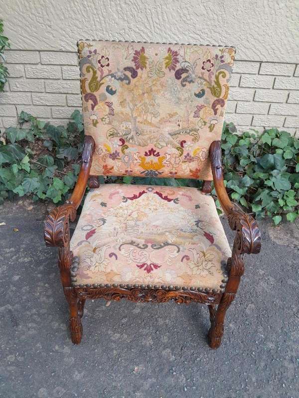 A 19th Century Renaissance Revival Carved Walnut Armchair in  Gobelin Style Tapestry