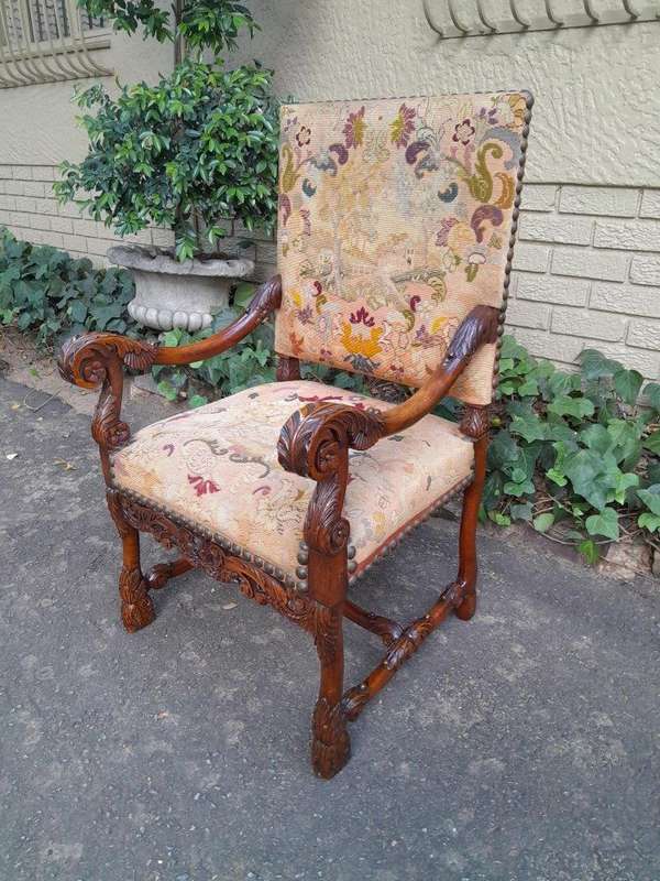A 19th Century Renaissance Revival Carved Walnut Armchair in  Gobelin Style Tapestry