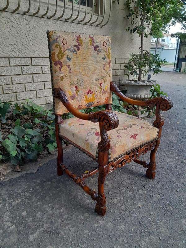 A 19th Century Renaissance Revival Carved Walnut Armchair in  Gobelin Style Tapestry