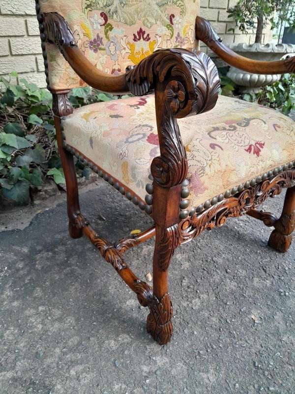 A 19th Century Renaissance Revival Carved Walnut Armchair in  Gobelin Style Tapestry