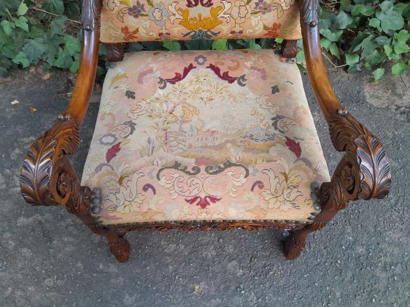 A 19th Century Renaissance Revival Carved Walnut Armchair in  Gobelin Style Tapestry