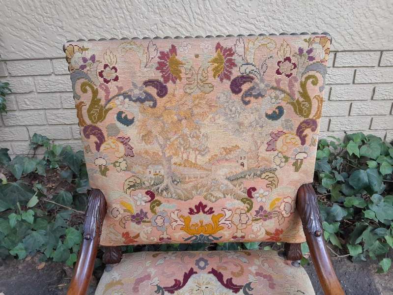 A 19th Century Renaissance Revival Carved Walnut Armchair in  Gobelin Style Tapestry