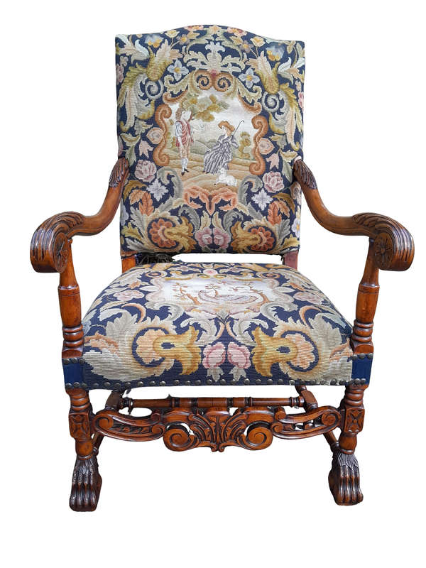 A 19th Century Renaissance Revival Carved Walnut Armchair in  Gobelin Style Tapestry 