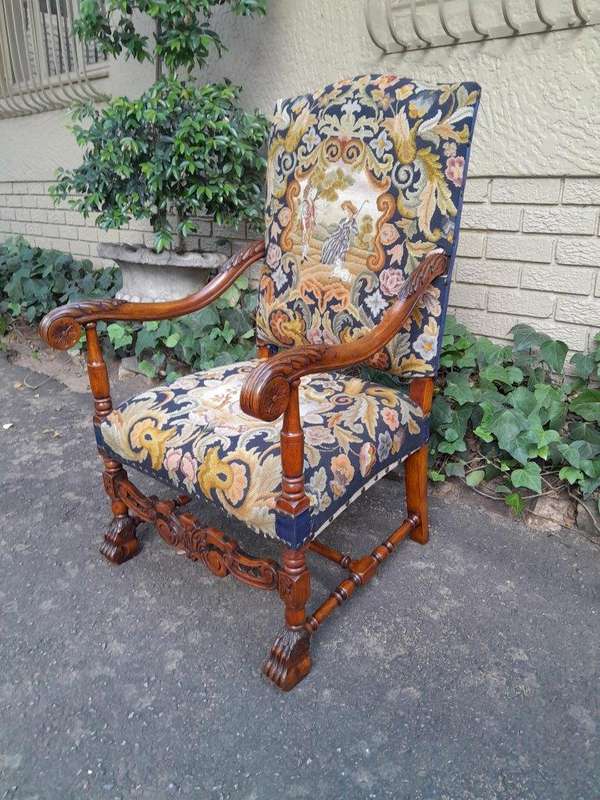 A 19th Century Renaissance Revival Carved Walnut Armchair in  Gobelin Style Tapestry 