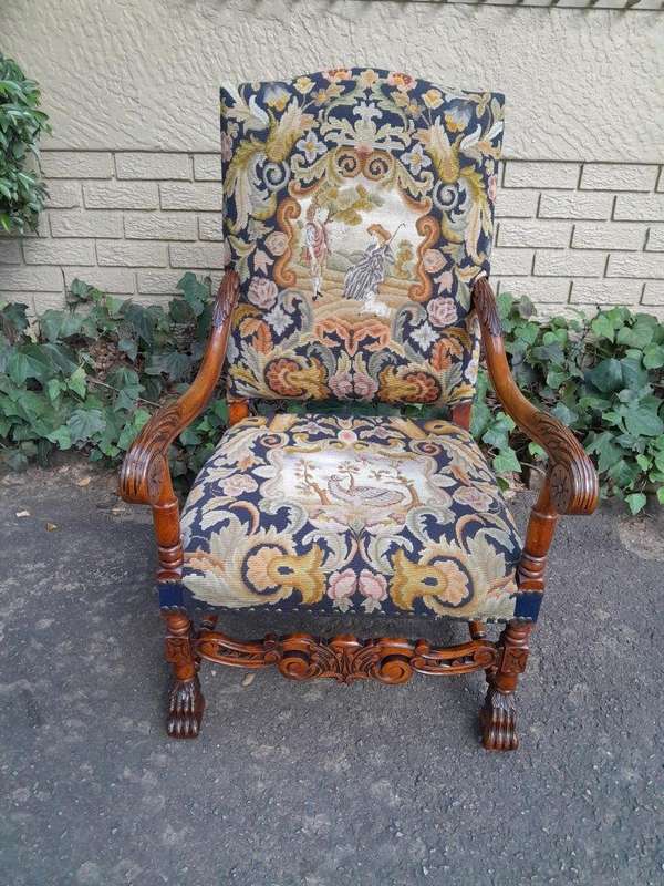A 19th Century Renaissance Revival Carved Walnut Armchair in  Gobelin Style Tapestry 