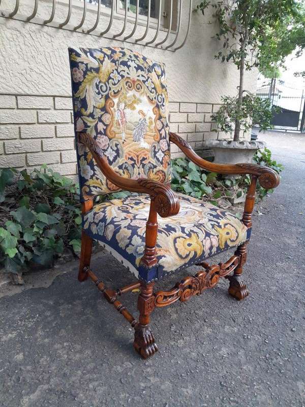 A 19th Century Renaissance Revival Carved Walnut Armchair in  Gobelin Style Tapestry 
